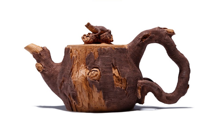 仿木外皮紫砂壺，創(chuàng)意木樁手工雕刻紫砂壺